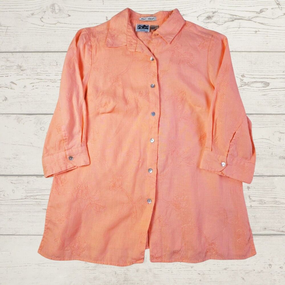 Edward Woman Irish Linen Embroidered Peach Button Womens Top Blouse Size 1X Boho